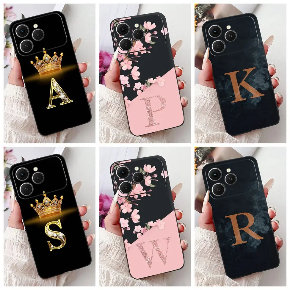 ل Tecno Spark 40 حافظة سوداء سيليكون فاخرة A-Z رسائل موضة الزهور تاج غطاء مقاوم للصدمات ل تكنو سبارك 40 جراب هاتف