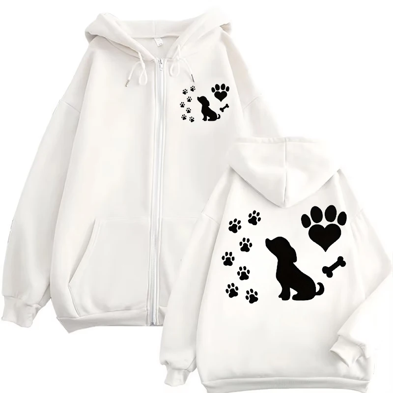 女性シックなジップパーカーファッション秋冬フリースフード付きトップ面白い犬と足カジュアルファッションレディースパーカースウェットシャツジッパー