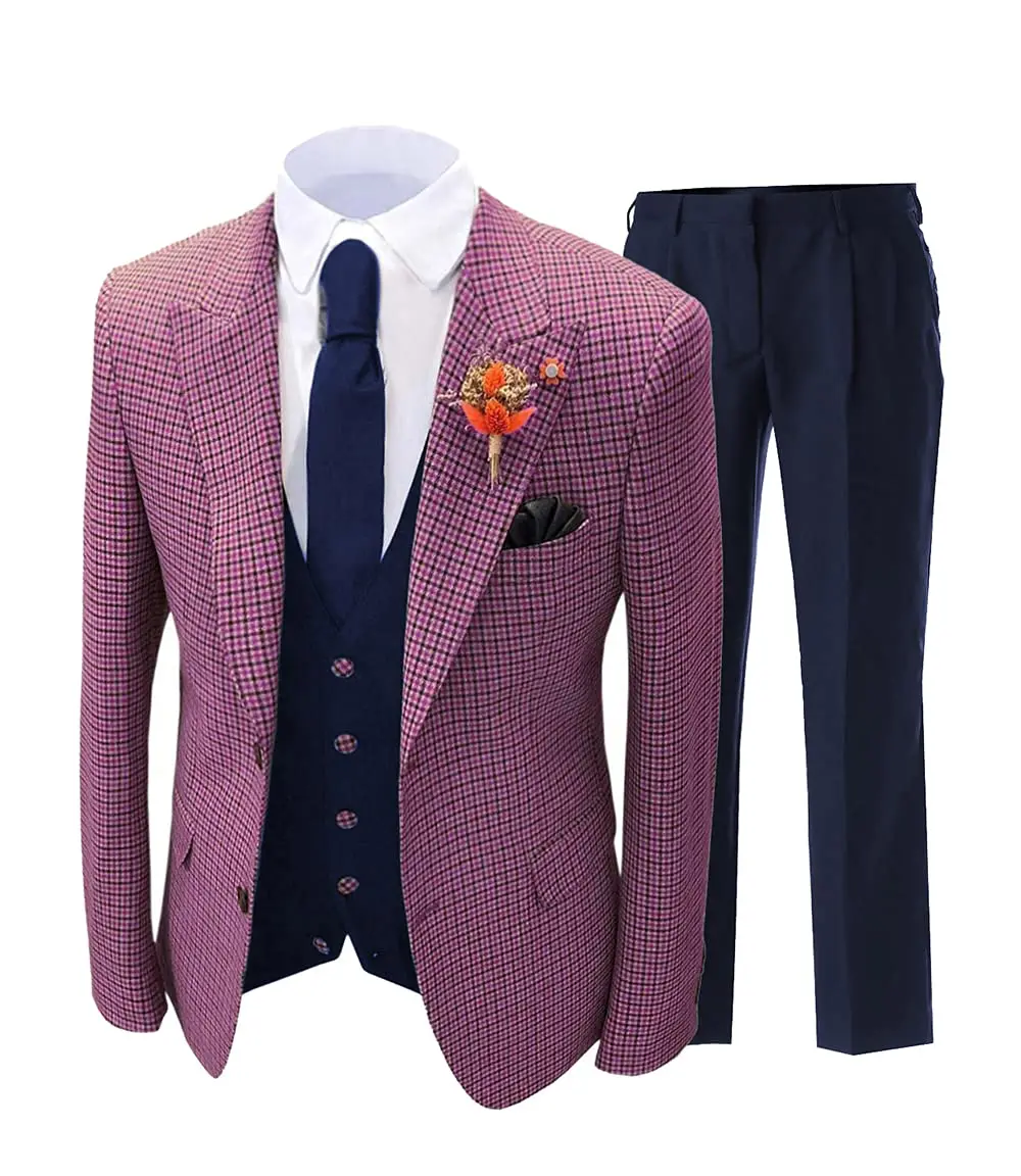 Men's Two Buttons Suit Three Pieces Peak Lapel Tuxedos Houndstooth Jacket+Vest+Pants