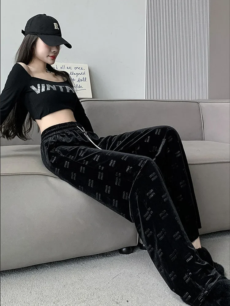 Velour High Waisted Pants Woman Print Wide Leg Belted Comfortable Elastic Waist Black Autumn Winter 2024 Fashion Clothing