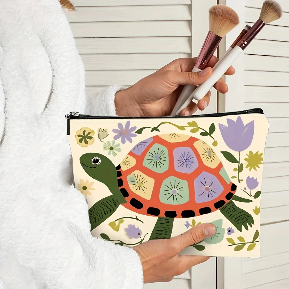 おしゃれで可愛い亀の花柄プリントのメイクアップバッグ - 多機能ジッパーポーチ、ジュエリー収納バッグ、旅行に最適な小型ジッパーバッグ