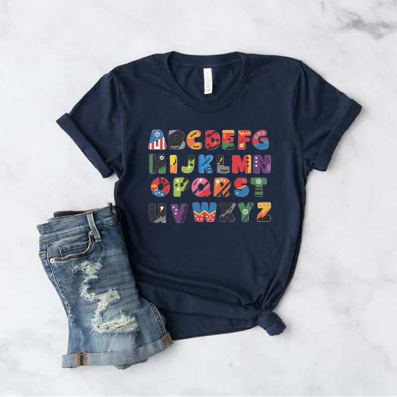 Kindergarten Shirt Preschool Teacher Shirts Funny Alphabet T-Shirt Korean Style 100% Cotton O Neck Casual Short Sleeve Top Tees