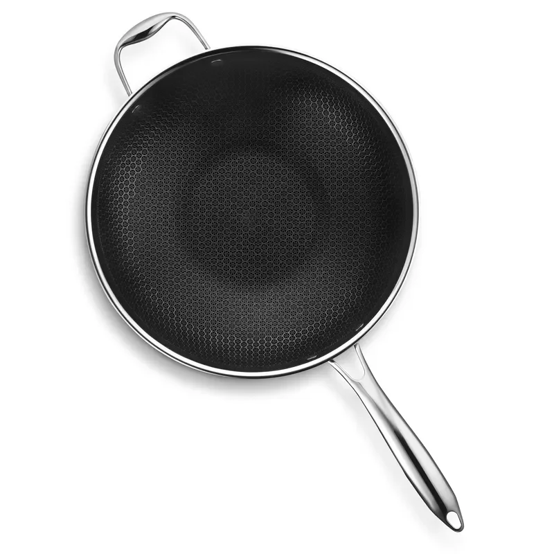 Custom stainless steel honeycomb cookware mixed frying pan non-stick wok with handle to keep cool