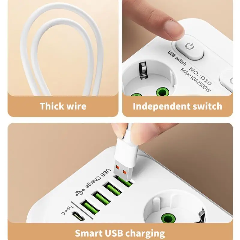 EU Plug Power Strip 6 AC Outlet Multitap Extension With 5 USB Ports 3m Cord Electrical Socket 2500W Fast Charge Surge Protector