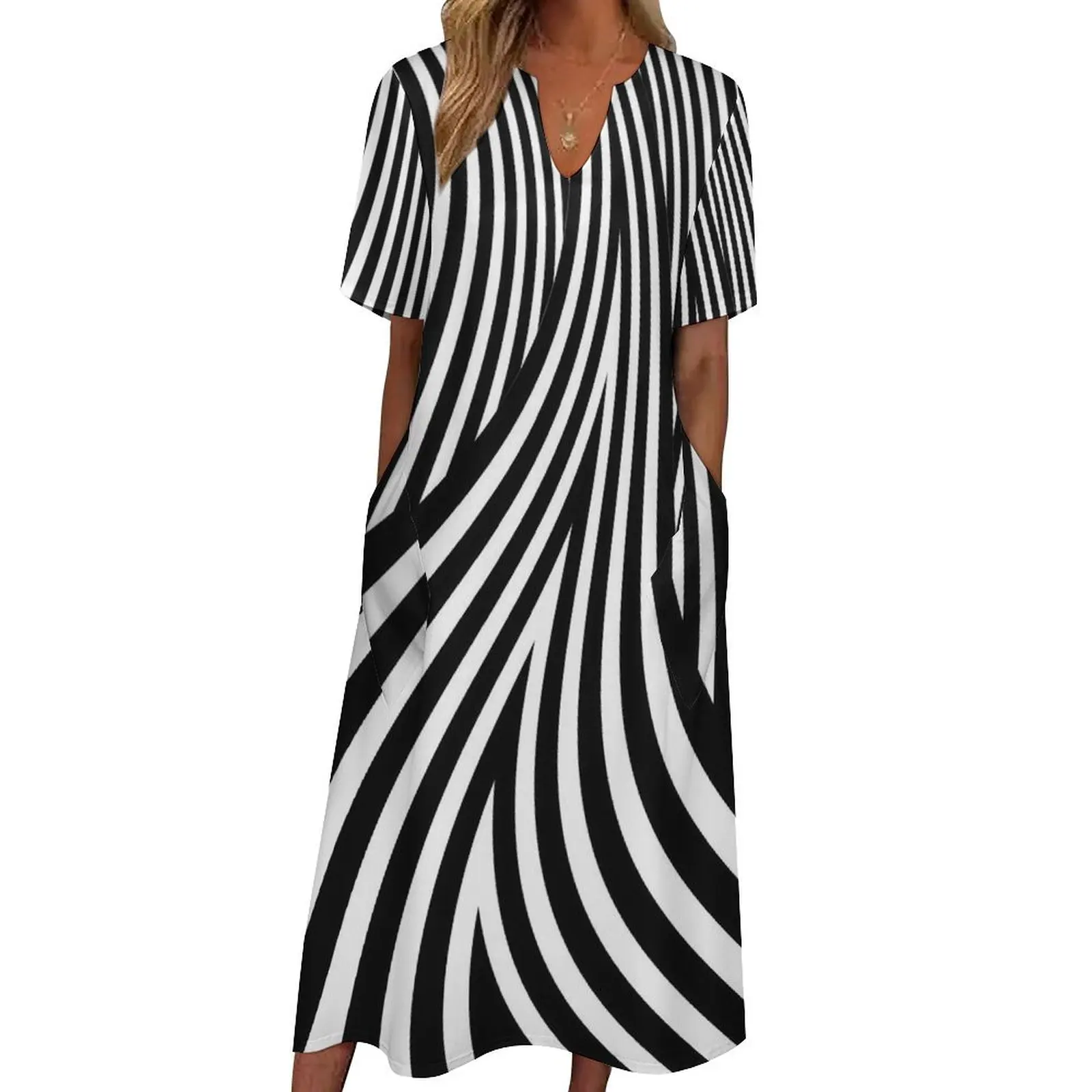 

Black And White Striped Dress Abstract Lines Sexy Maxi Dress Street Fashion Bohemia Long Dresses Female V Neck Big Size Vestido