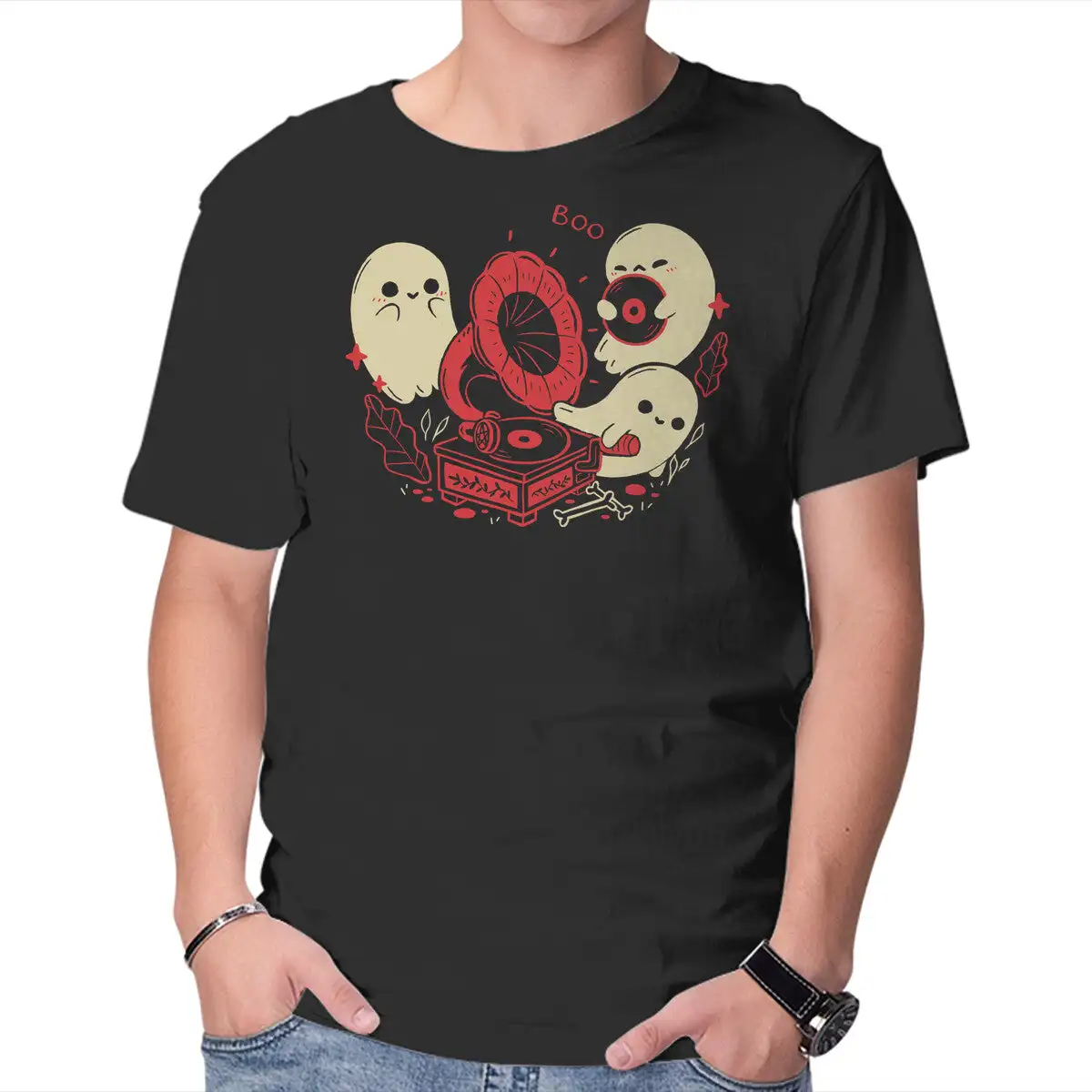 Spooky Cute Gramophone Ghost Unisex T-shirt, Casual Cotton New Arrival Fashion Couple's Clothes