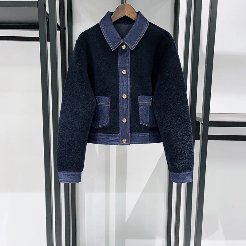 French Niche 2026 Early Spring Shearling Patchwork Denim Pocket Lapel Cardigan Trendy Coat