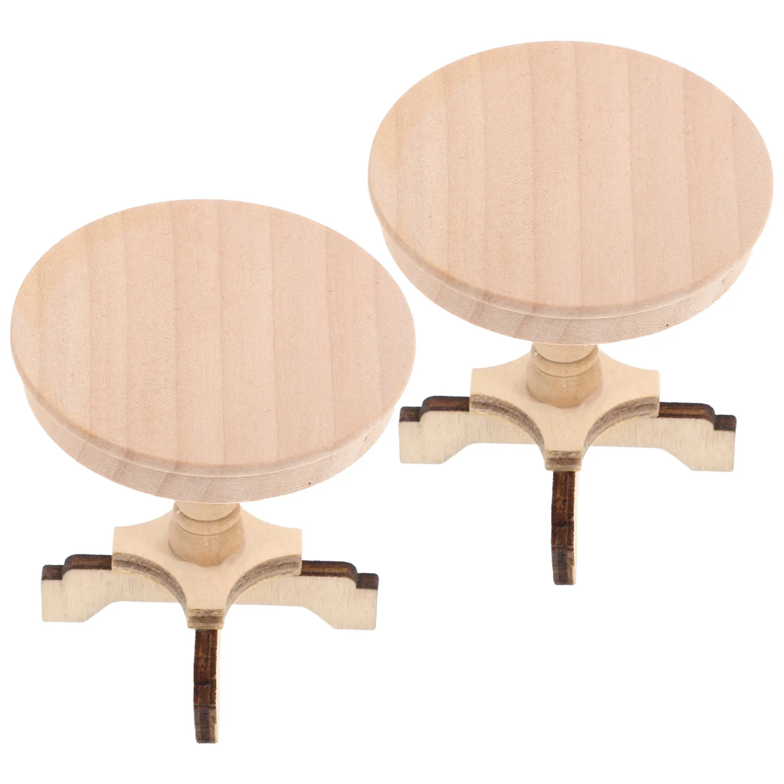 2Pcs Miniature Round Wooden Table Set 1:12 Scale Natural Wood Finish for Dollhouse Interior Room Tea Space