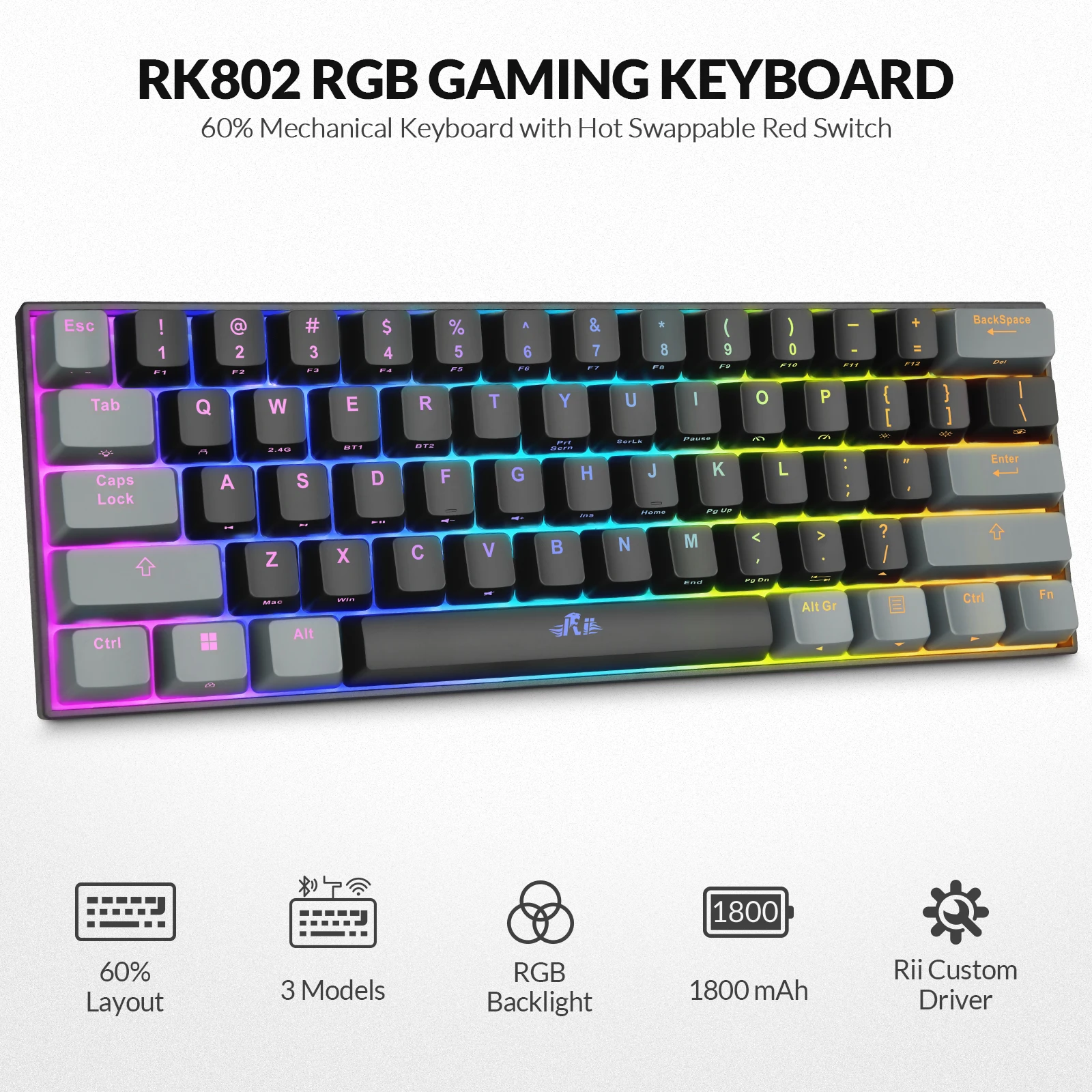 Rii 60% Wireless/Wired Gaming Mechanical Keyboard, RGB Backlight Red Switch Mini Keyboard For PC PS4 Xbox iPhone iPad