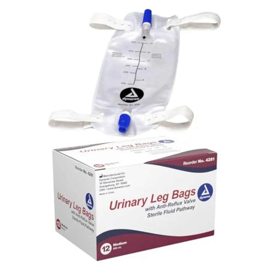 

Dynarex Urinary Leg Bag for Use with Catheter has a n-Drip Closure Anti-Reflux Valve 600 ml/20 oz Capacity Medium White 1 Box o