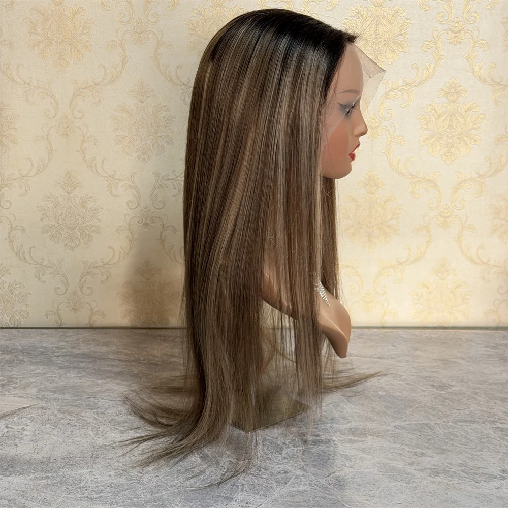 Light Brown Straight Highlights Wig 24inchs Long Wig Pre Plucked Virgin Hair Glueless Wig Human Hair Ready To Wear Women Wigs