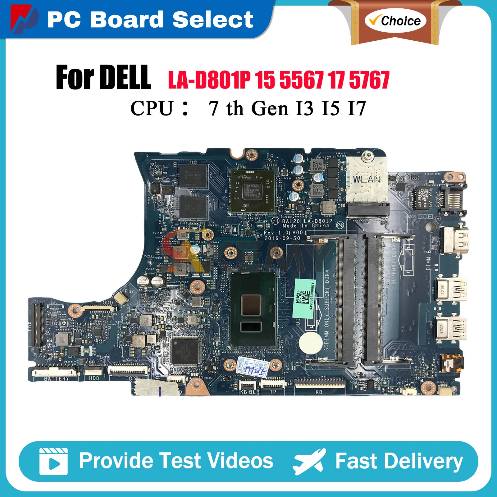 

Материнская плата для ноутбука DELL Inspiron 15 5567 17 5767 BAL20 LA-D801P с процессором i3 i5 i7 DDR4 CN-0KFWK9 0Y8N7H протестирована нормально