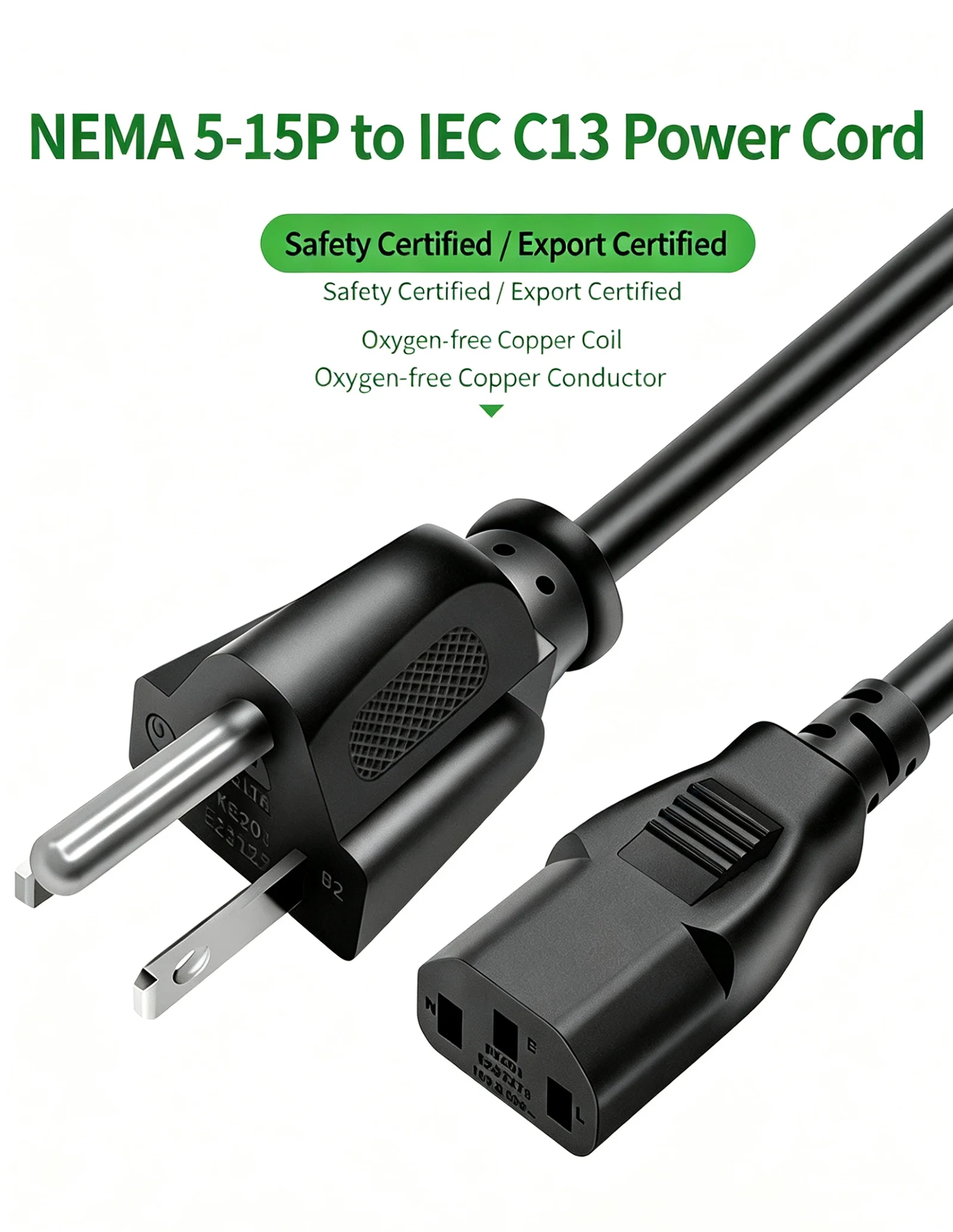 US Standard NEMA5‑15P to C13 Power Cable 3‑Core Pure Copper Wire for PC Monitor Kitchen Appliance