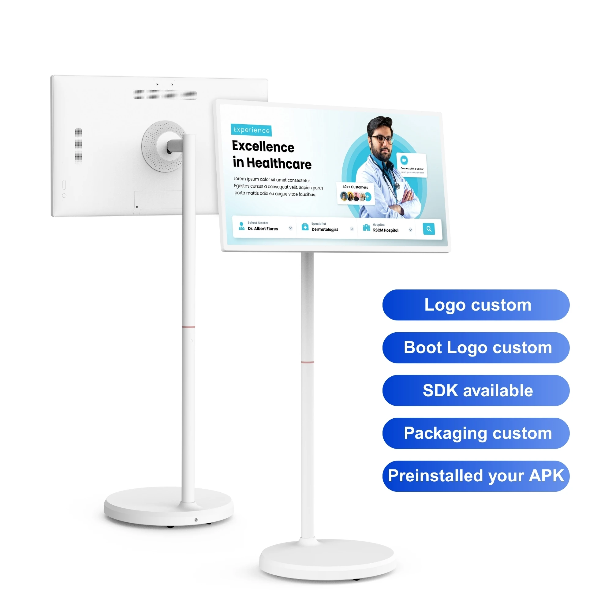 

Портативный 32 "Android 13 8 + 128 ГБ умные интерактивные цифровые вывески для больниц Крытый движущийся сенсорный экран вывески на полу