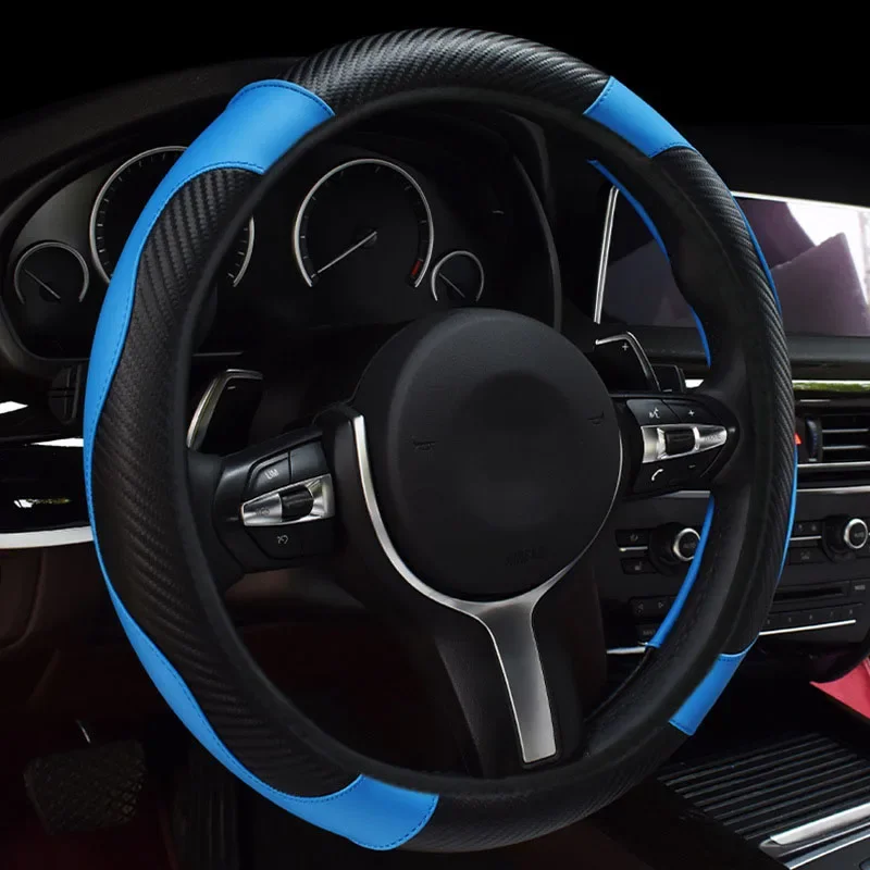 Car Steering Wheel Cover Breathable Anti Slip PU Leather Steering Covers Suitable 37-38.5cm Auto Decoration Carbon Fiber ManGirl