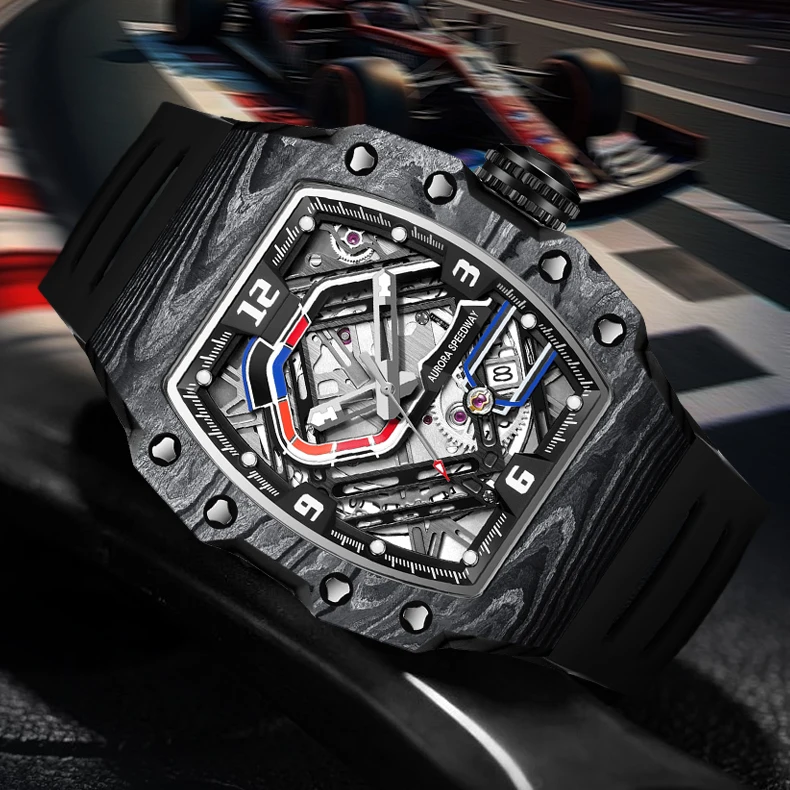 

HANBORO Мужские автоматические часы Механические наручные часы Светящийся корпус Tonneau Водонепроницаемый безель из углеродного волокна Скелет Racetrack Dial