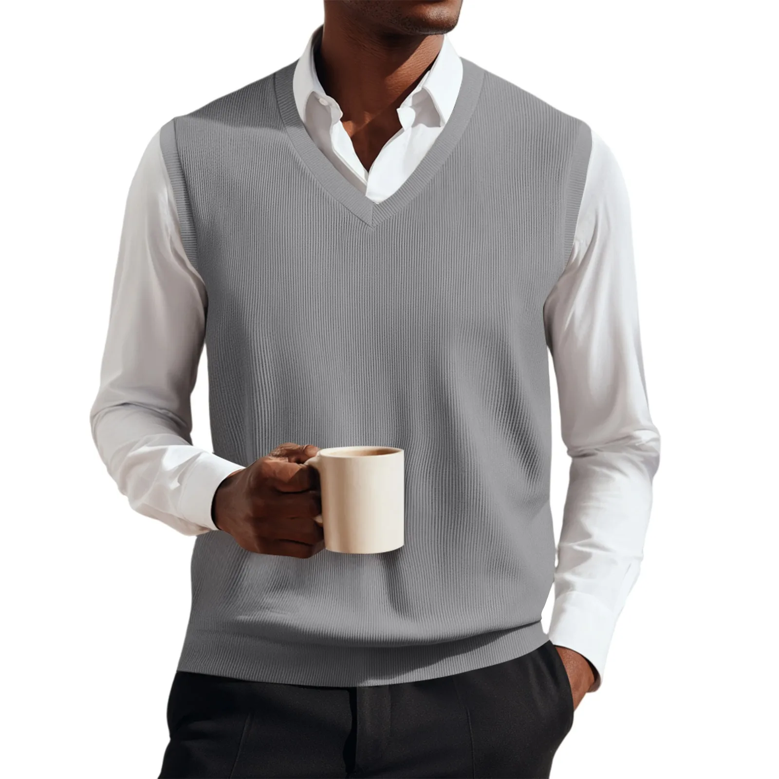 

Fashion Men Sweater Vest Solid Color Autumn Winter High Quality Casual V-neck Sleeveless Knitted PUllover Warm Comfort Vest Top