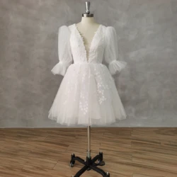 DIDEYTTAWL Real Photo Appliques Puff Sleeves Tulle Short Wedding Party Dress A-Line Open Back Mini Length Bridal Gown