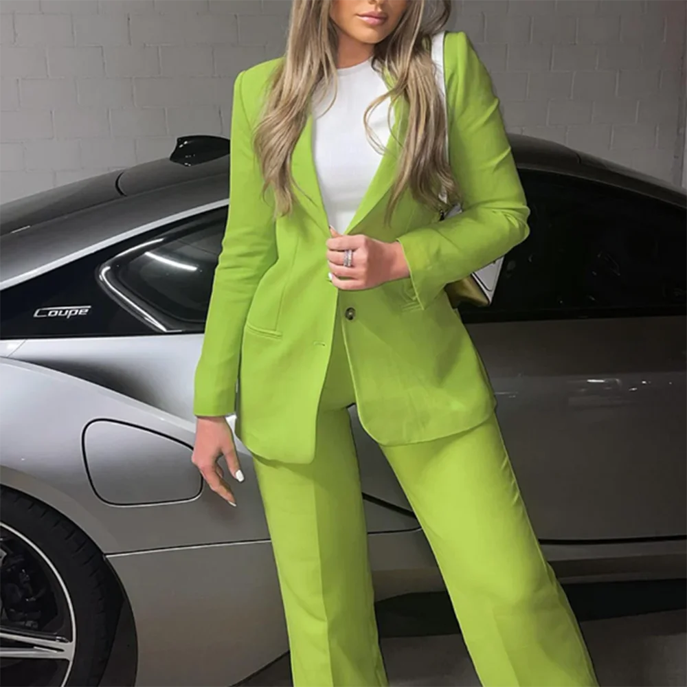 Chic and Elegant Woman Jacket Pants 2 Piece Set Green Single Breasted Female Suit Pretty Office Lady Slim Fit Women Clothing