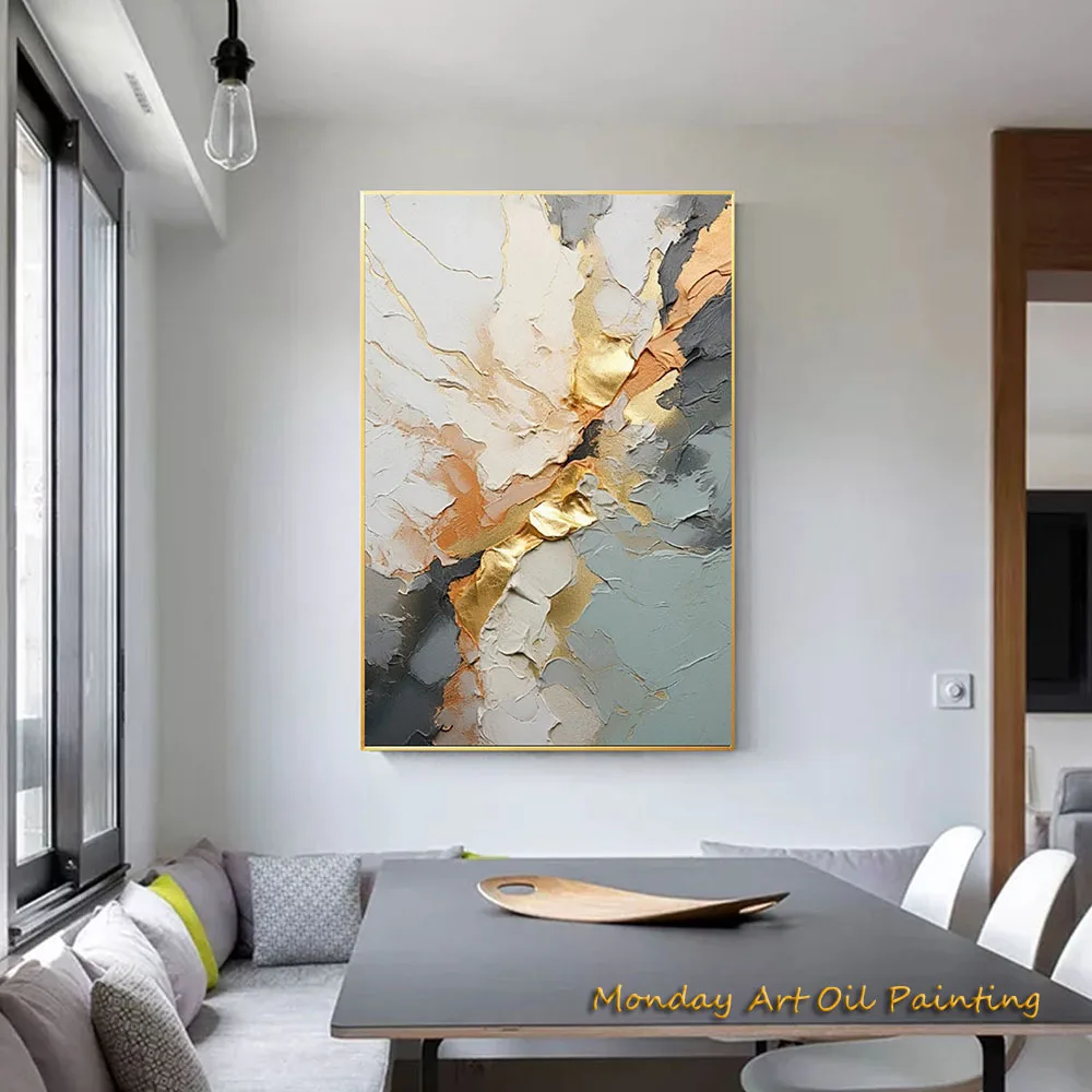 

Hand Painted Original Large Gold Canvas Oil Painting Modern Abstract Gray Acrylic Blue Texture Oversize Wall Art Wall Pictures