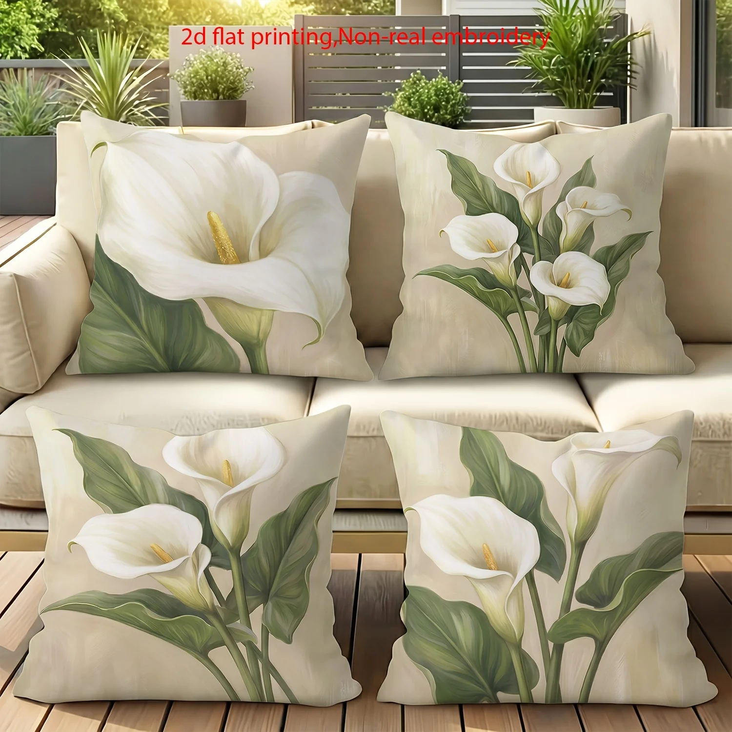 4Pcs Double‑Sided Boho Calla Lily Pillow Covers, 2D Flat Print Zipper Cushion Cases for Sofa Bedroom Living Room Decor