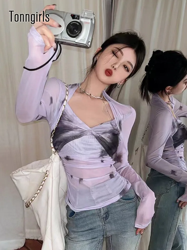 Tonngirls Y2k Mesh Tops Grunge Aesthetic Print T Shirt Women Japanese Tie Dye Tee Tops Fairycore Tshirts Korean Style Streetwear