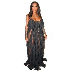 Plus Size Mesh Ruche Feestjurk Vrouwelijke Sheer Backless Lange Gewaad 2024 Zomer Casual Straat Kleding Vrouwen Luxe Elegante Jurk