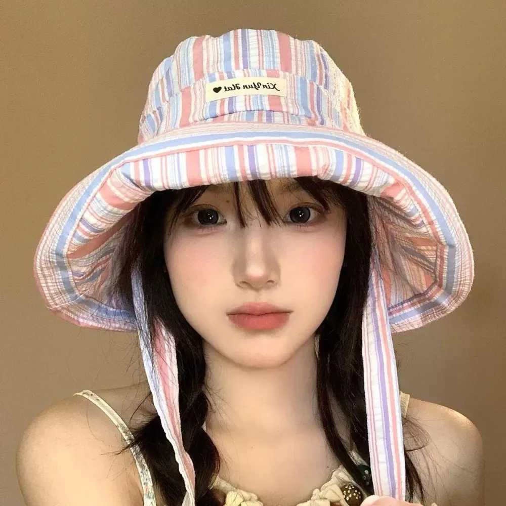

Korean Fashion Lace-up Bucket Hat Large Brim Colorful Striped Sun Hat Sun Protection Wide-edged Summer Cap Women
