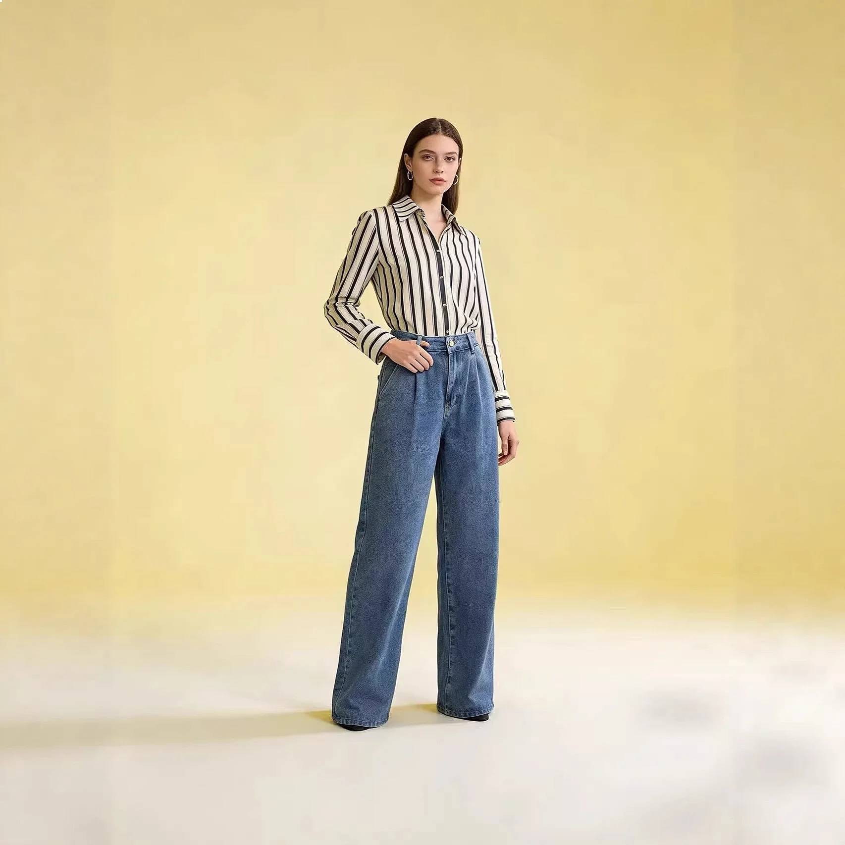 High Waist Slimming Wide Leg Jeans for Women Spring Summer Draped Palazzo Jeans