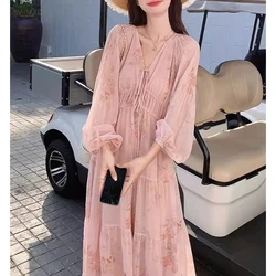 Women Korean Fashion Lace-up Floral Print Sweet Chic Dresses High Waist V Neck Long Sleeve Loose Fairy Beach Maxi Dress Vestidos