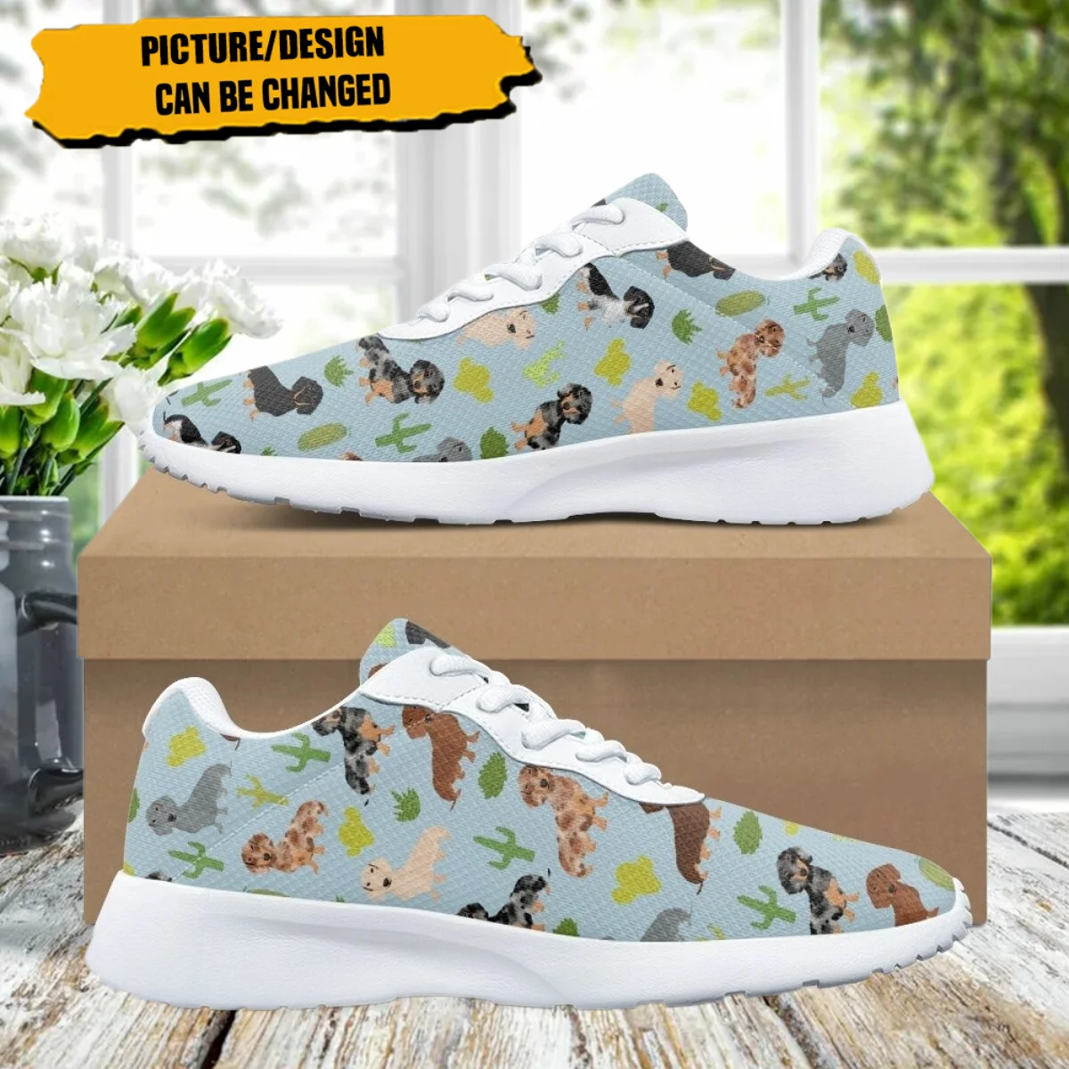 Cartoon Cactus Puppy Print Women's Sneakers Wear-resistant Cozy Outdoor Running Shoes Lightweight Breathable Walking Shoes Adult