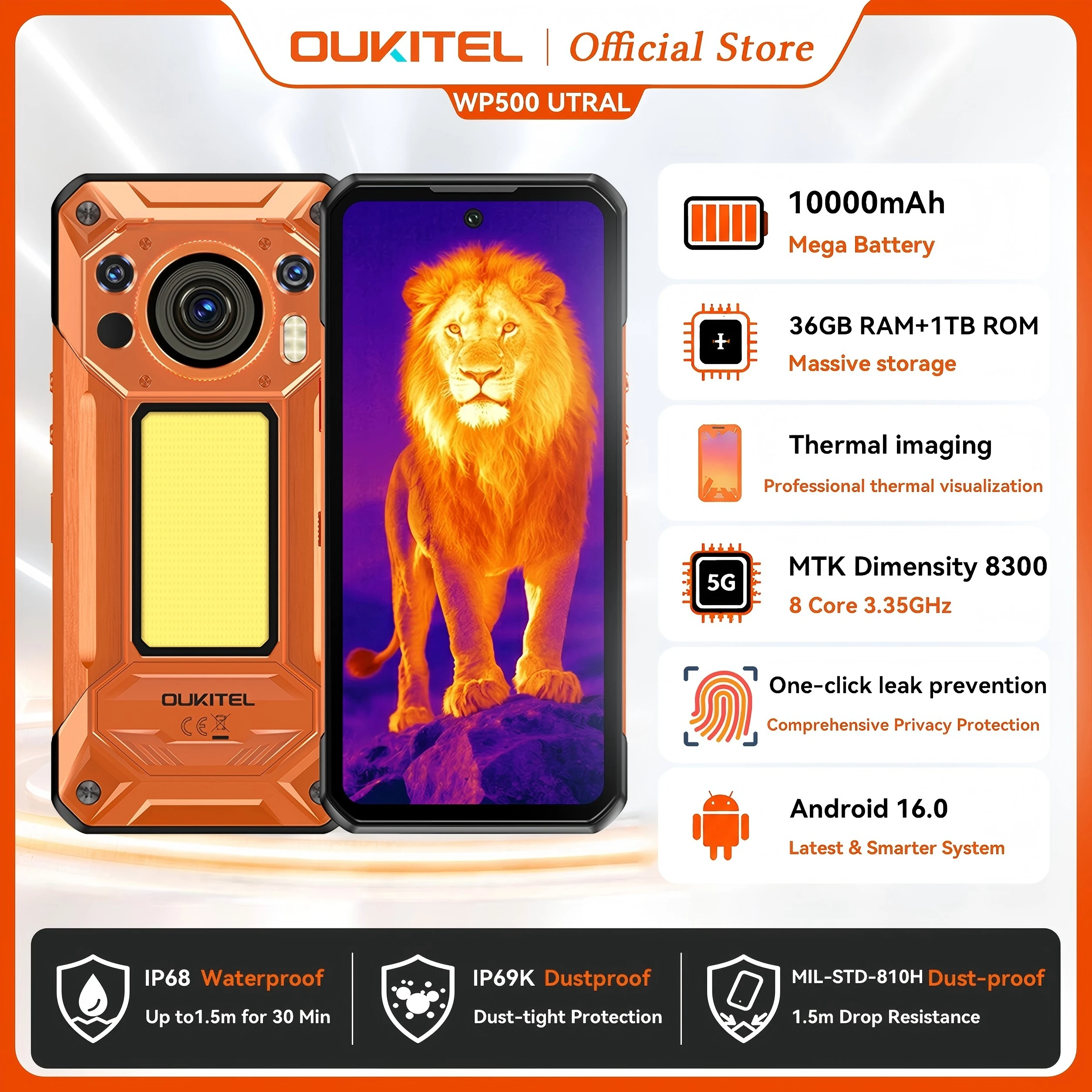 Смартфон OUKITEL WP500 Ultra Rugged с ИИ-камерой тепловизионного видения, кнопкой конфиденциальности, Dimensity 8300, 108 МП, 10000 мАч, 36 ГБ ОЗУ, 1 ТБ ПЗУ, IP68