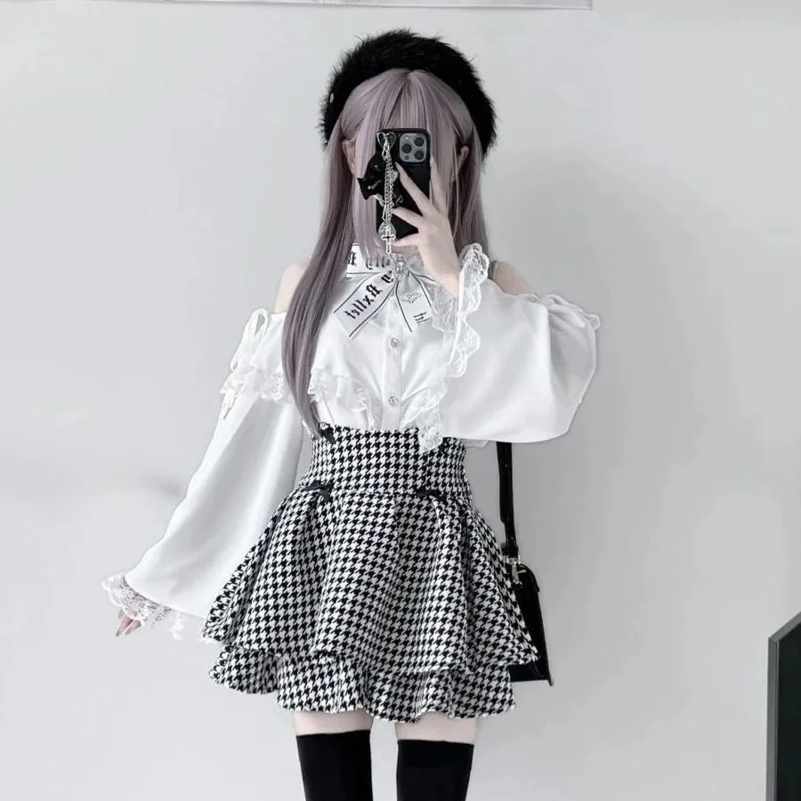 Kawaii Lace Lolita Two Piece Set, Long Sleeve Blouse & Bow Back Shirred JSK Skirt, Y2K Japanese Sweet Fashion for Women & Teens
