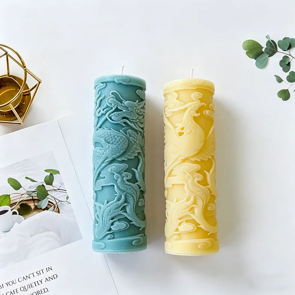 Dragon Phoenix Embossment Cylinder Candle Silicone Candle Mold Anaglyph Plaster Mould Candle Making Supplies