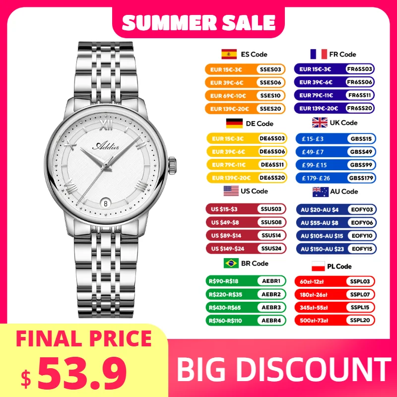 ADDIES New Luxury Quartz Couple Watches GM12 Movement Fashion Stainless Steel Sapphire Crystal 50m Waterproof Couple Watch Gift