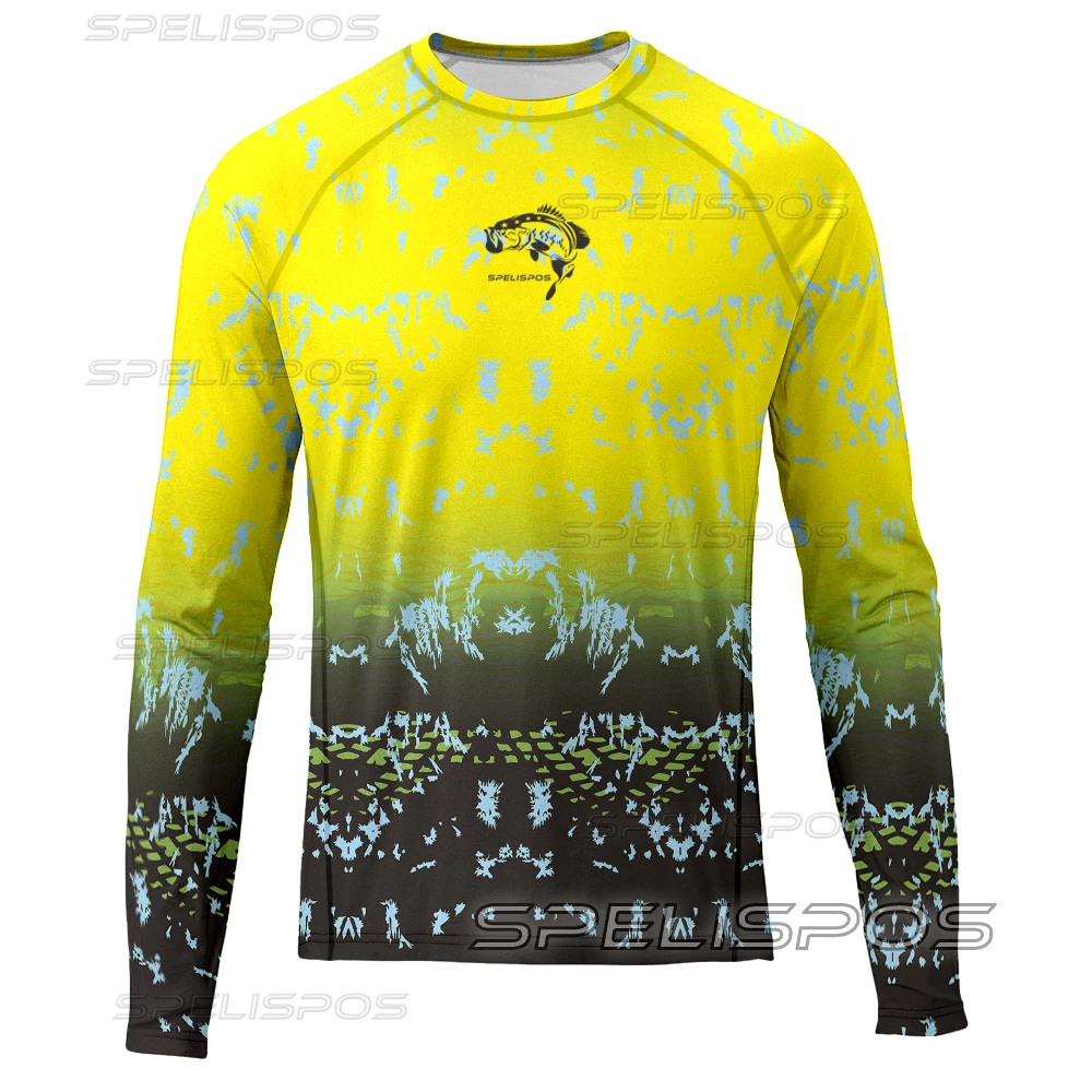 

SPELISPOS Men Round Neck Fishing Jersey Hiking Tops Breathable UPF 50+ Print Long Sleeve Shirt Performance Angling