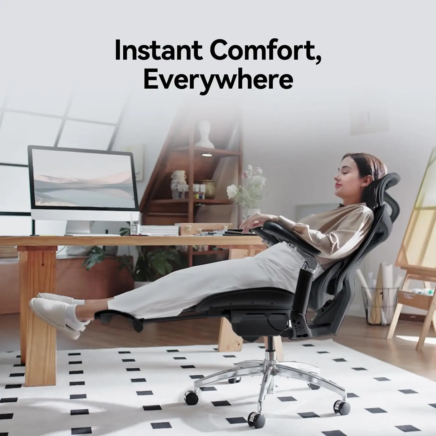 كرسي مكتب مريح مع مسند للقدمين، ومساند للذراعين 6D فائقة النعومة، ودعم قطني ديناميكي، وتعديل عمق المقعد والإعلان #4