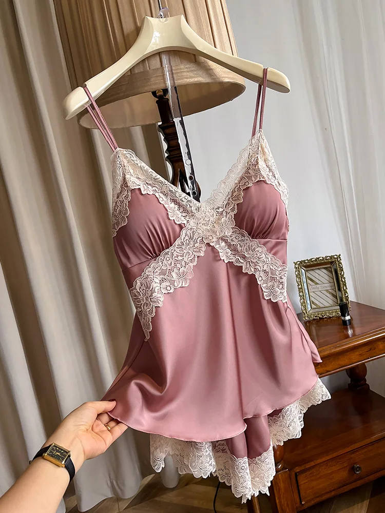 

New100% mulberry silk sleepwear with chest cushion, suspender, thin shorts Pajama Sets
