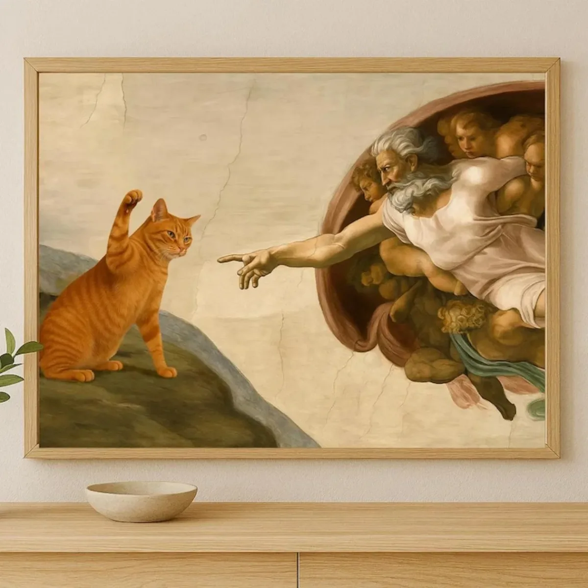 Verspieltes 'Erschaffung Adams' mit orangefarbener Katze Leinwanddruck Poster Vintage Abstrakte Kunstdrucke Wohnzimmer Wandkunst Heimdekoration
