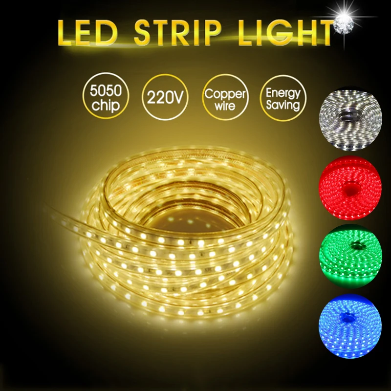 

220V High Brightness Led Strip Light Waterproof Led Tape Flexible Ribbon for Outdoor Garden Lighting Room Bedroom Kitchen Decor