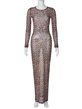 Hugcitar Leopard Print Mesh Long Sleeve Sexy Slim  See Through Maxi Dress Fall Women Fashion Outfits Beach Vacation Club 6