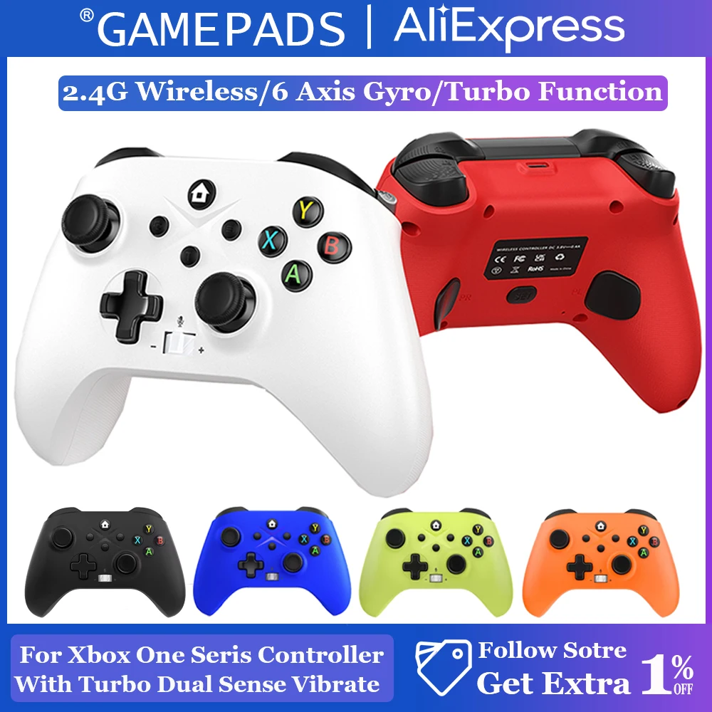 Manette de jeu sans fil 2.4G pour Xbox One Series X/S/PC, contrôleur Xbox One 6 axes gyroscopique avec double vibration turbo pour consoles de jeu
