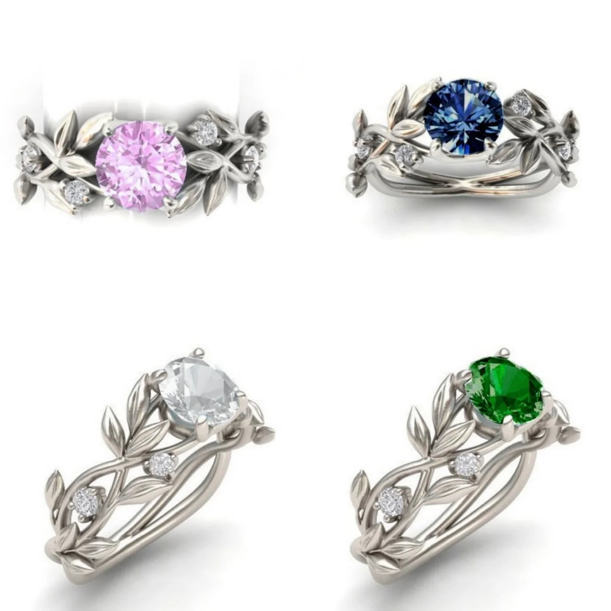 

Silver Plated Engagement Ring For Women | Wedding Ring For Women | Olive Leaf Engagement Ring | Blue Pink Green Cubic Zirconia