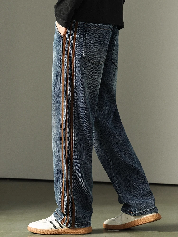 

American Sle Casual Loose Wide Leg Straight Cut Men's Jeans Side Stripe Autumn Winter High Street Loose Straight Pants