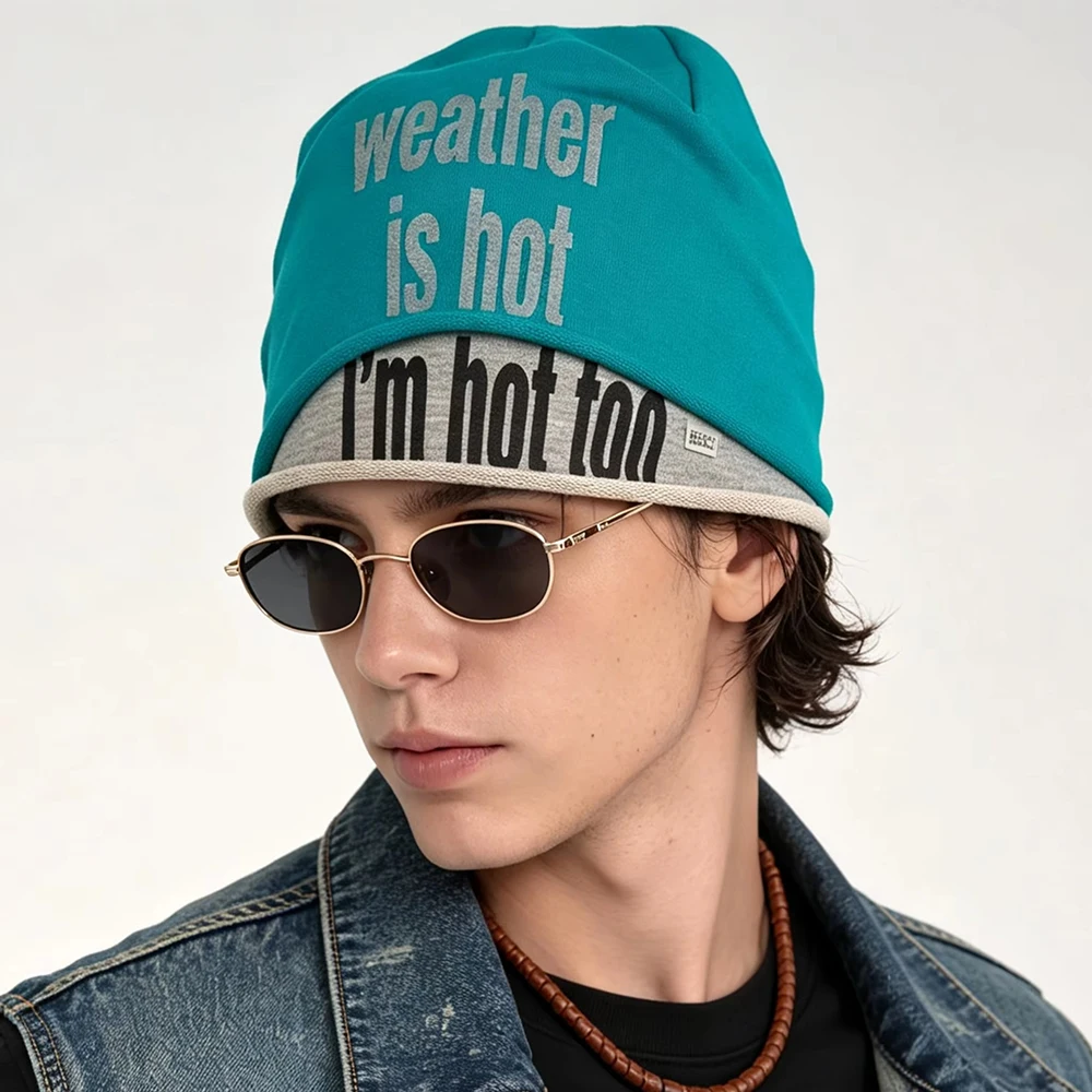 2026 Autumn Winter Y2K Unisex Slouchy Beanie, Double Layer Reversible Letter Print Streetwear Casual Skull Cap