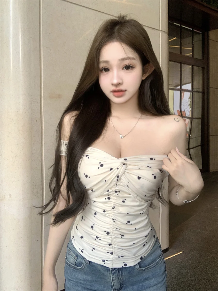 여성용 크로스 슬래시 넥 섹시 티셔츠, 반팔 타이트 크롭 탑, 폴카 도트 프린트 티, 슬림 개더 웨이스트 하의 티셔츠, 여름