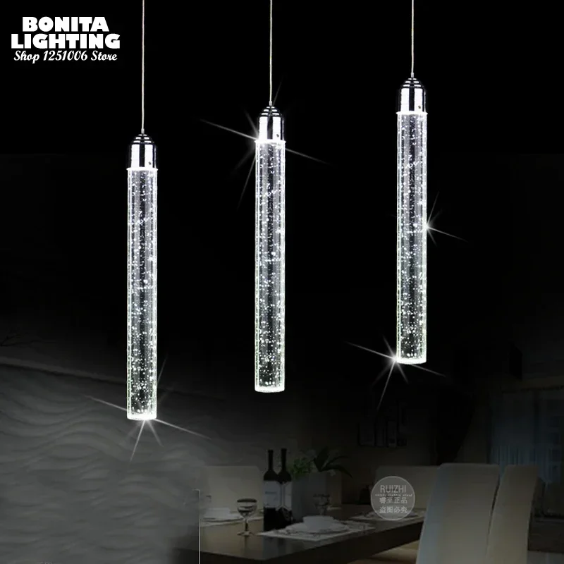 Lámpara colgante de cristal K9 para comedor, luces led modernas minimalistas de burbuja, cilindro de tubo largo, techo alto