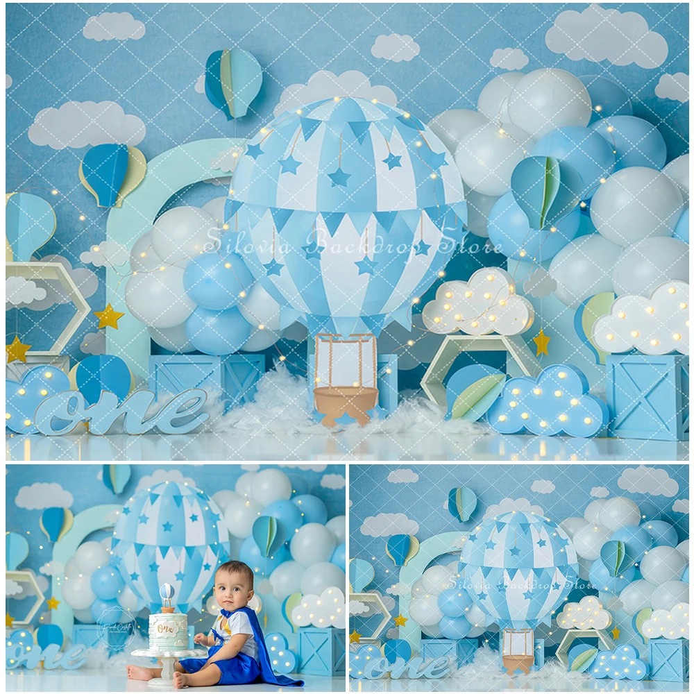 Blue Hot Air Balloon Adventure Photography Backdrop Boy Birthday Cake Smash Photo Background Up We Go Photo Studio Props