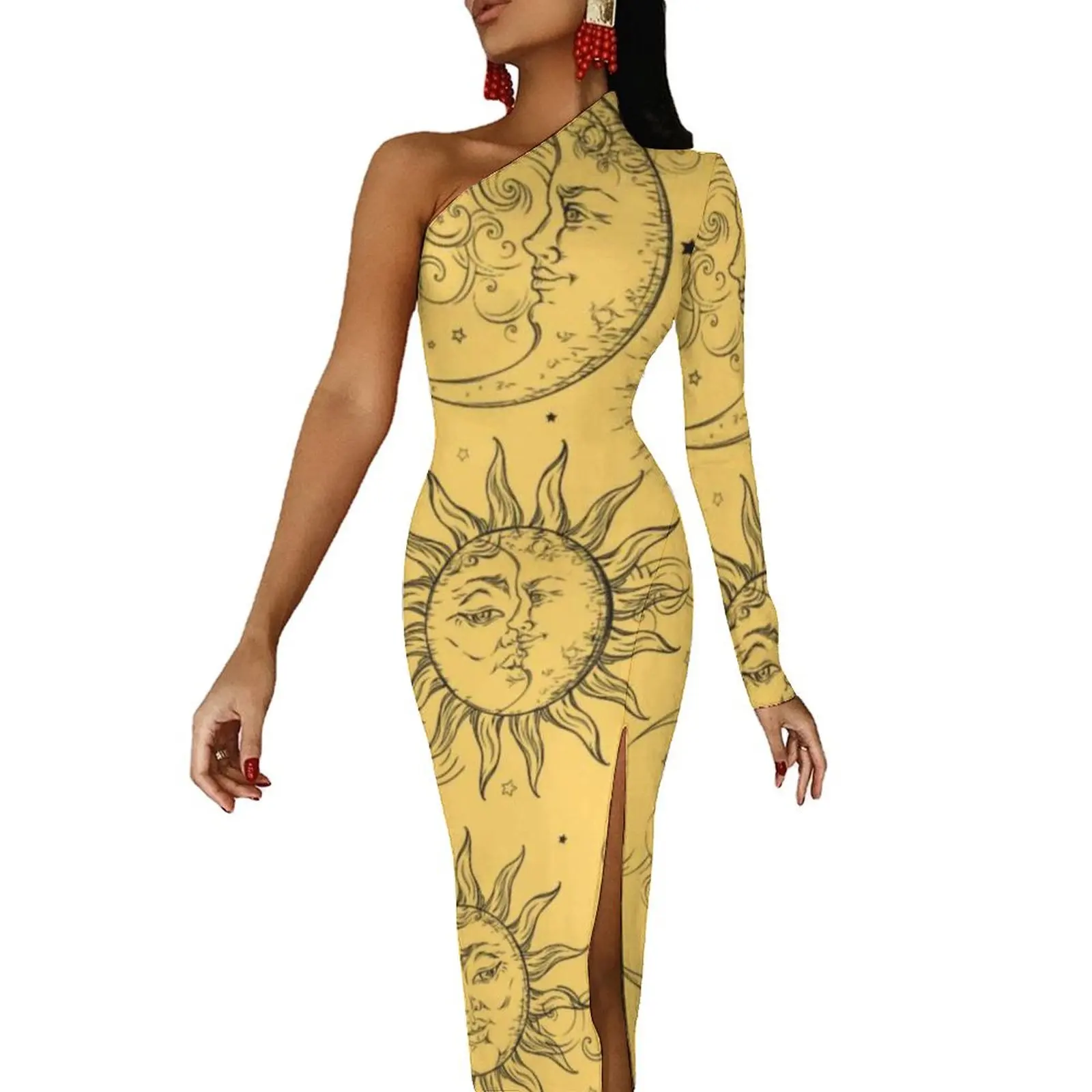 Vintage Celestial Sun Long Dress Woman Yellow Magic Moon Stars Party Maxi Dress Autumn Retro Bodycon Dresses High Slit Vestido