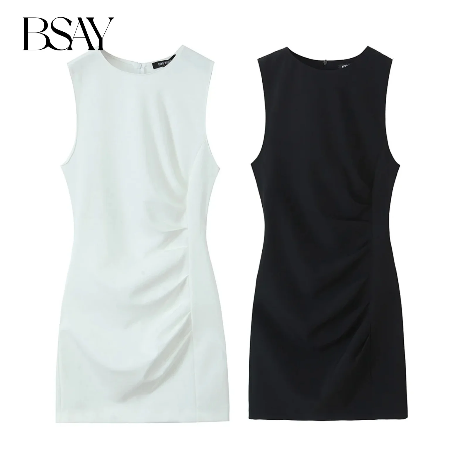 BSAY Donna Moda Estate Nuova Zip posteriore O-Collo Piega Gilet Corto sexi abito da notte hot Chic Donna Bianca senza maniche da sera